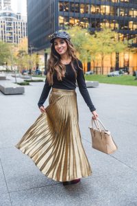 Golden pleated skirt and boots marciano skirt forever21 boots studded bakerboy hat