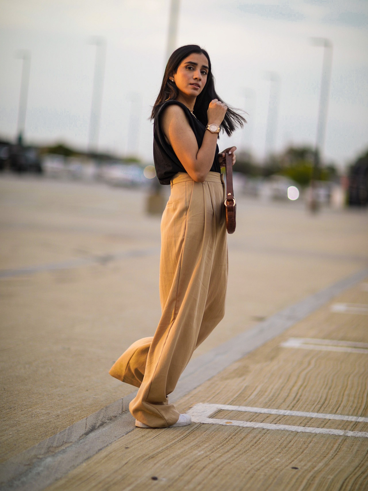 5 Fall Trends to Try Out Under $100 faiza inam high rise wide leg pants sincerely humble blog shoulder pad top 1