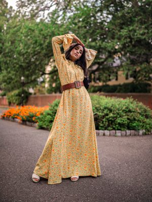 Modest Pieces I am Currently Loving Colettaa Collection Faiza Inam modest clothes look yellow flare pleated neck dress 2