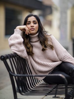 Faiza Inam chunky sweater leather pants 4