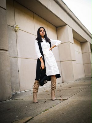 5 Winter Basics Everyone Should Have in Their Closet Faiza Inam cold weater basics must have slouchy boots shirt dress 5